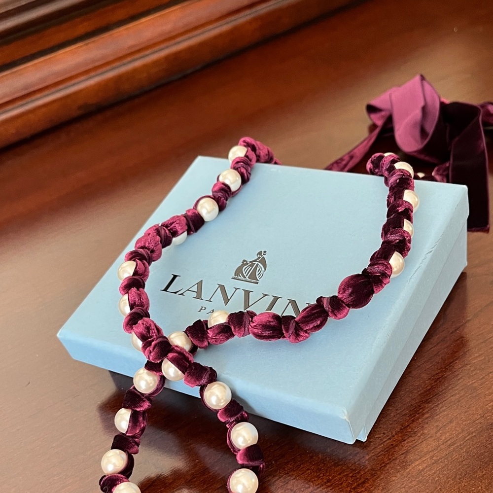 Lanvin Paris Deep Red Velvet and Pearl Necklace